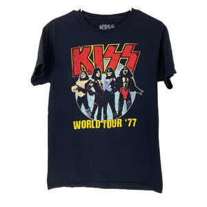 KISS Screenprint World Tour '77 Band Black Tee T-Shirt Womens Small